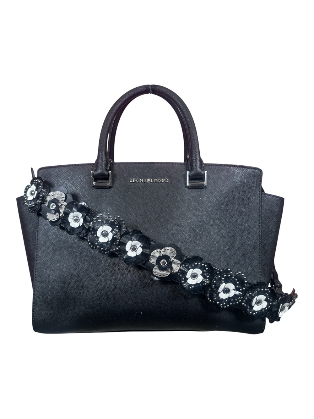 Michael Kors Selma Large Black Saffiano Leather Satchel with 3D Floral Strap